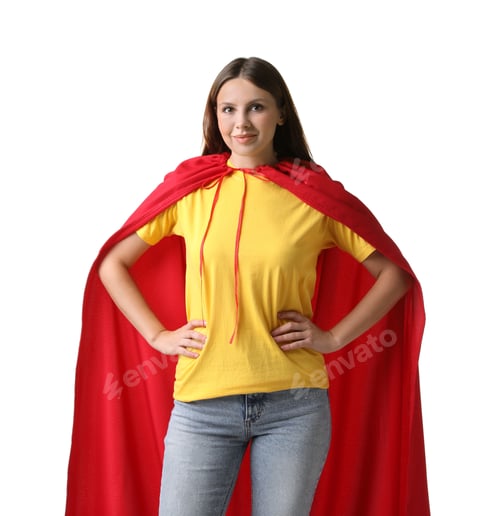 Preview: Woman wearing superhero cape on white background