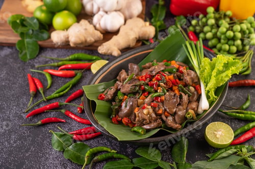 Preview: Stir-fried chicken liver basil on banana leaves in a black dish