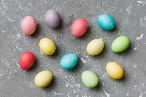 Preview: Colorful Dyed Easter Eggs on Grey Surface