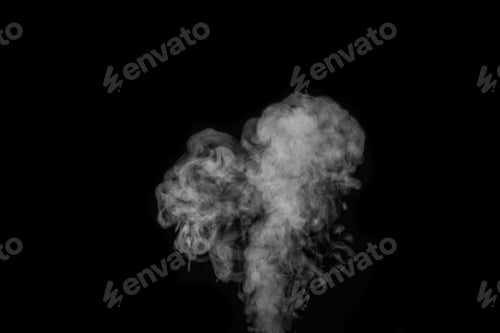 Preview: White hot curly steam smoke isolated on black background. Heart shaped steam for Valentine's Day.