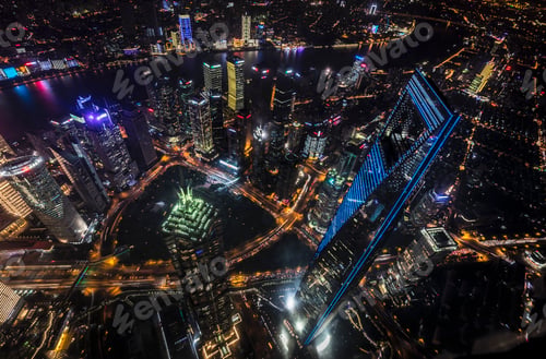 Preview: Cityscape with Pudong, Jin Mao Tower and Shanghai Tower at night, high angle view, Shanghai, China