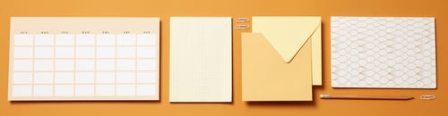 Preview: Mockup flat lay with freelancer accessories on beige background
