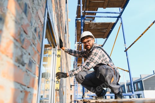 Preview: Construction worker installing window on building facade