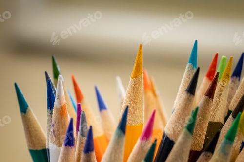 Preview: Selective focus shot of sharp colored pencils