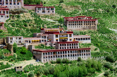 Preview: Traditional Tibetan Stone Buildings on a Lush Green Hillside