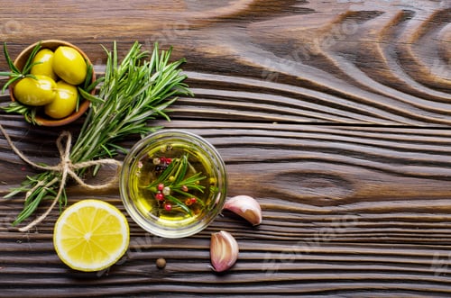 Preview: Lemon, Olives, and Herbs on Rustic Wood