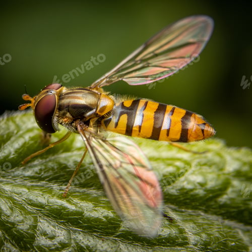 Preview: Macro shot of Episyrphus balteatus, the marmalade hoverfly on a green leaf.