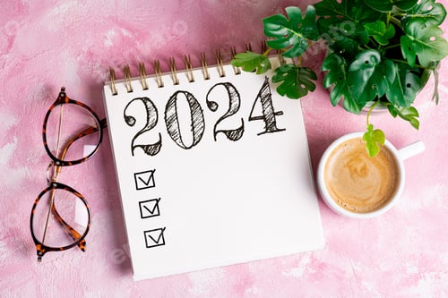 Visualização: Resoluções de ano novo 2024 na mesa. Lista de resoluções de 2024 com caderno, xícara de café na mesa