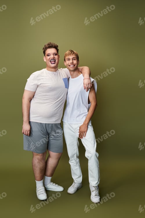 Preview: Two friends share joyful moments in vibrant outfits, celebrating pride and authenticity together