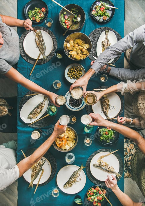 Preview: Flat-lay of people celebrating together and drinking beer