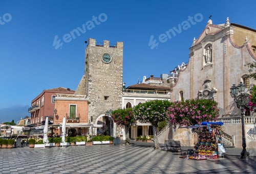 Preview: Taormina main square, San Giuseppe Church and the Clock Tower - Taormina, Sicily, Italy