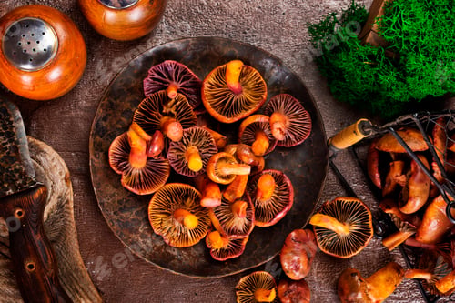 Preview: Heap of raw wild saffron milk cap or red pine mushrooms on plate