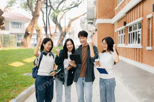 Preview: Young Asian college students and a female student group work at the campus park