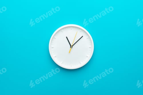 Preview: White Wall Clock On Blue Turquiose Background As Time Is Going Concept