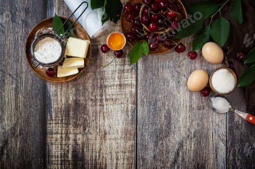 Preview: Cherry baking seasonal concept. Ingredients for cherry pie