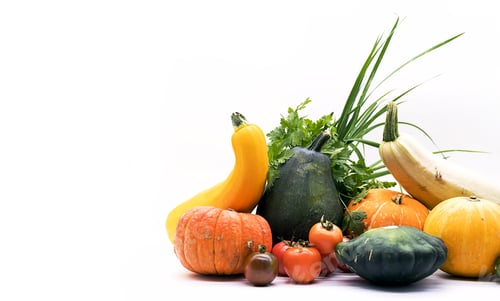 Preview: Organic Vegetables Pumpkins, Squash, Zucchini, Tomatoes, Parsley on White.