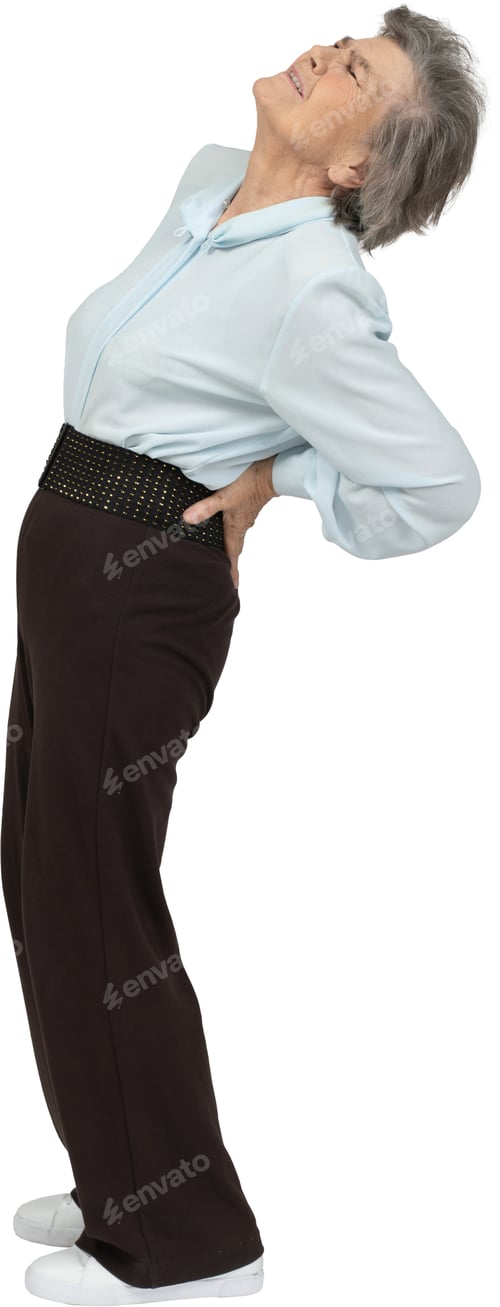 Preview: a man in a blue shirt and brown pants with his hand on his stomach