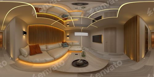 Preview: Spherical 360 seamless panorama projection Interior modern design room 3D illustration