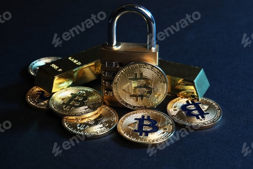 Preview: Bitcoins, padlock and gold bars on blue background, closeup