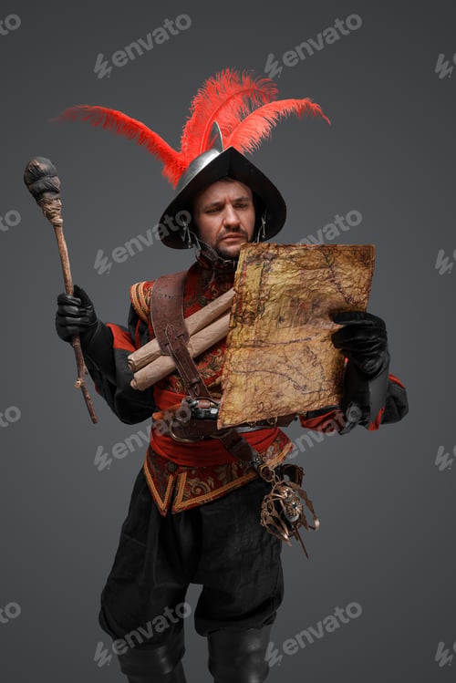 Preview: Medieval conquistador explorer with antique map and torch