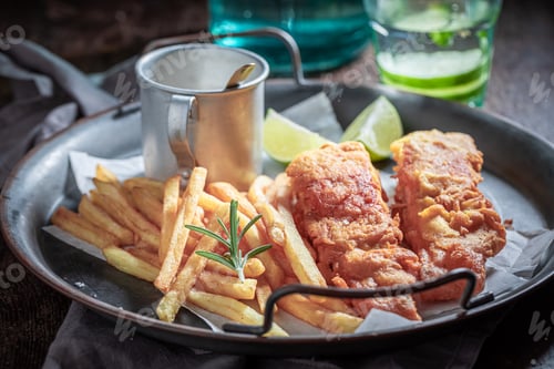 Preview: Homemade baked potatoes and salmon served with lime and salt