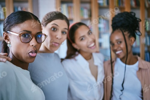 Preview: Education, friends and selfie of students in library for social media, diversity and support in uni