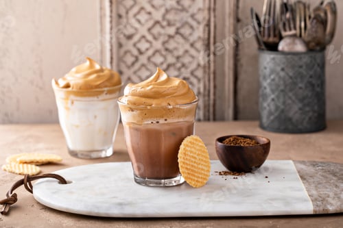 Preview: Dalgona coffee with regular and chocolate milk in a glass