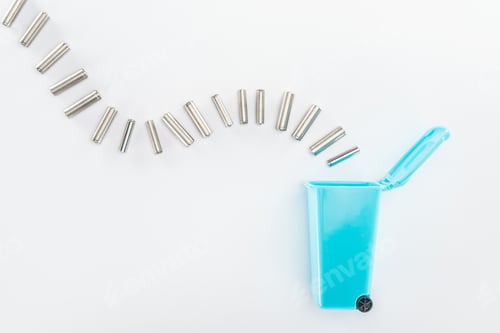 Preview: Top view of blue toy trashcan and batteries
