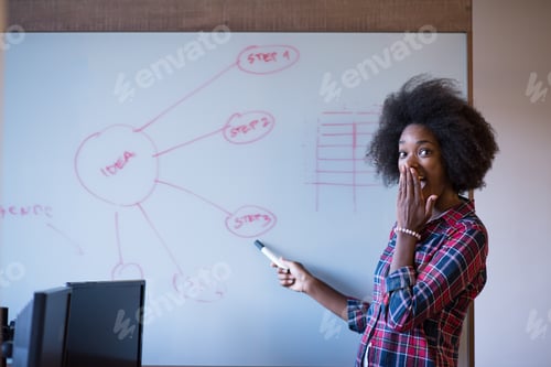 Preview: African American woman writing on a chalkboard in a modern offic