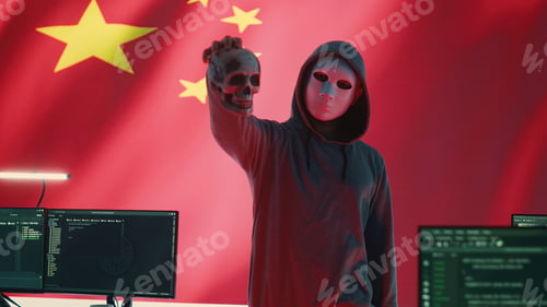 Preview: Chinese man presenting a human skull to make death threats