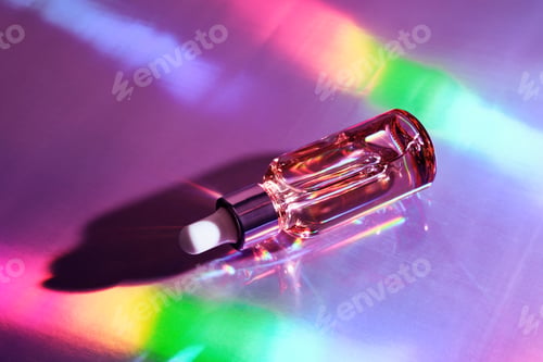 Preview: Cosmetic product bottle with iridescent highlights on holographic background. Skincare product