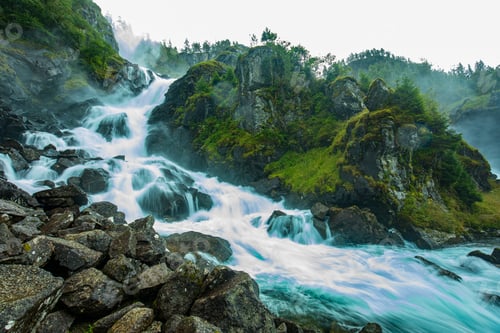 Preview: Latefossen waterfall in Hordaland, Norway. Old stone bridge.