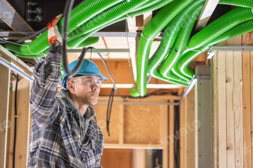 Preview: Worker Installing Green Air Ducts in a Construction Site With Focus and Care