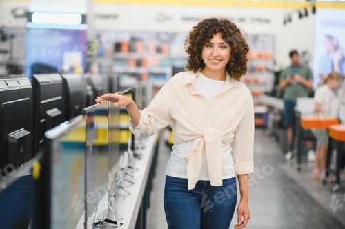 Preview: Woman choosing tv in electronics store, smiling customer shopping for home appliances