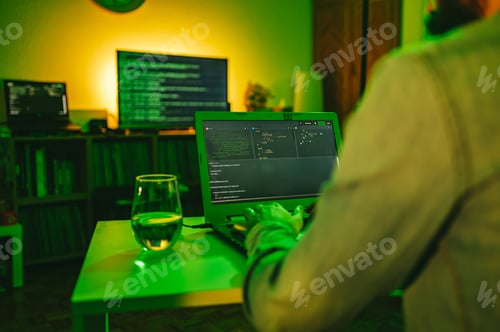 Preview: Rear view of an operating data security worker typing on a laptop from his green-lighted room.