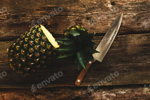 Fresh Pineapple and Knife on Rustic Wooden Table