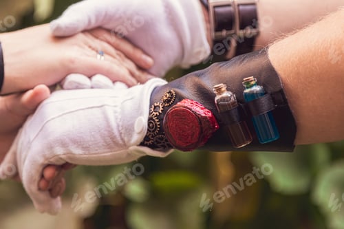 Preview: Beautiful girl with a guy, couple in love, in steampunk clothes