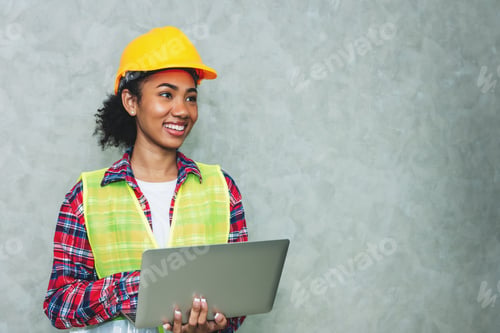 Preview: Portrait of professional young black woman civil engineer , architecture worker.