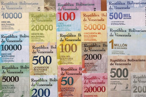 Preview: Venezuelan Bolivar currency money bills in pile. VED currency banknotes