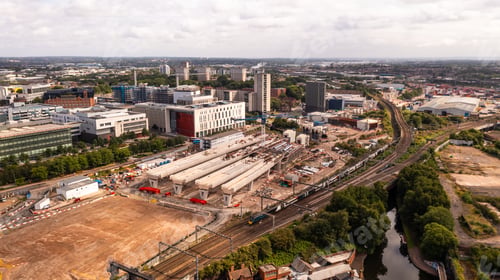 Preview: Aerial view of a Birmingham cityscape skyline and HS2 construction site at Curzon Street