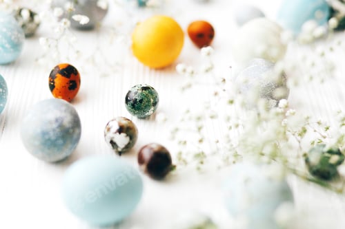 Preview: Stylish Easter eggs with spring flowers flat lay on white wooden background