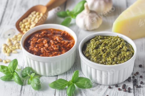 Preview: Bowls of classic and sun-dried tomato pesto