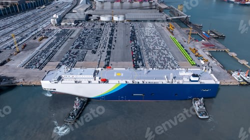 Preview: Aerial view Ro Ro ship and new cars at industrial port import export