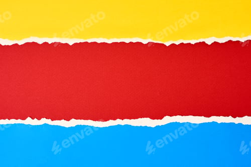 Preview: Torn ripped paper edge with a copy space, red, blue and yellow color background