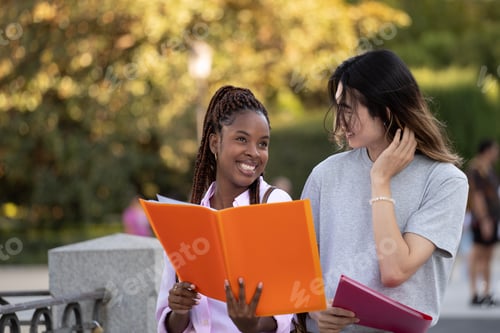 Preview: Happy multicultural students studying and learning walking outdoors
