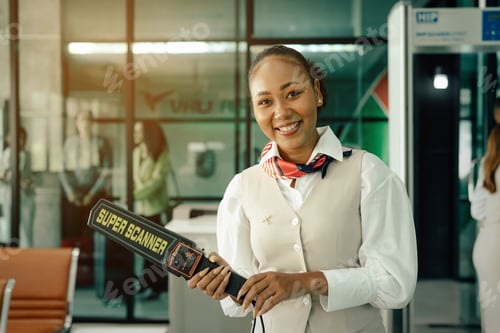 Preview: Portrait of attractive stewardess in uniform standing and smile.