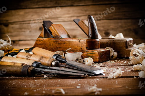 Preview: Various working tools on wood on the table.