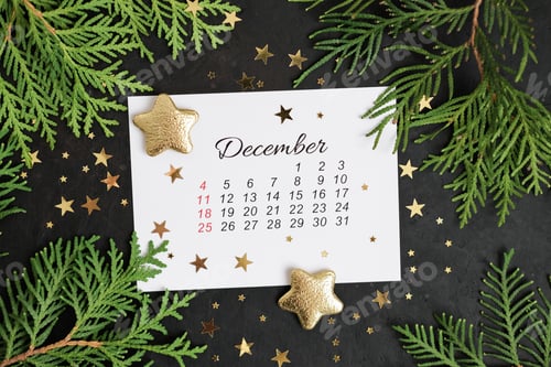 Preview: December calendar, spruce branches and golden stars on dark background