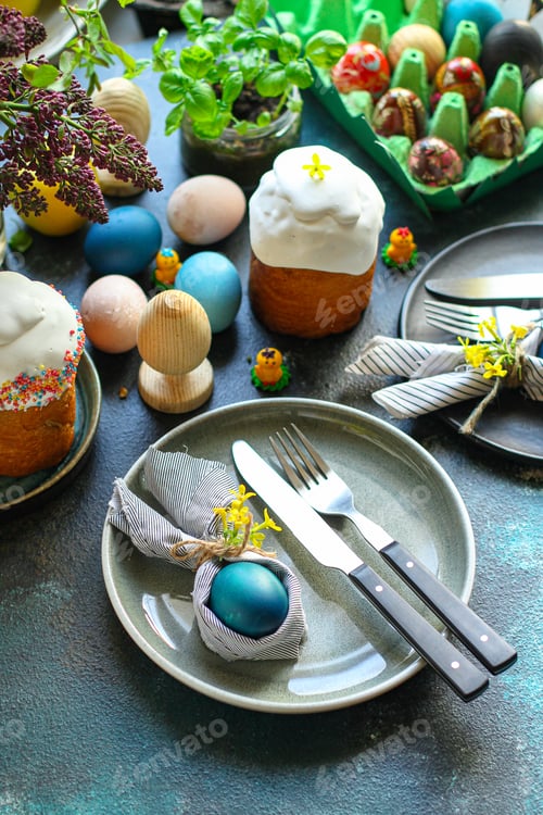 Preview: Easter Cake And Easter Eggs Festive Table Setting Traditional Decoration And Treats. Happy Easter