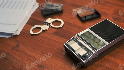 Preview: Police handcuffs beside a retro cassette tape recorder